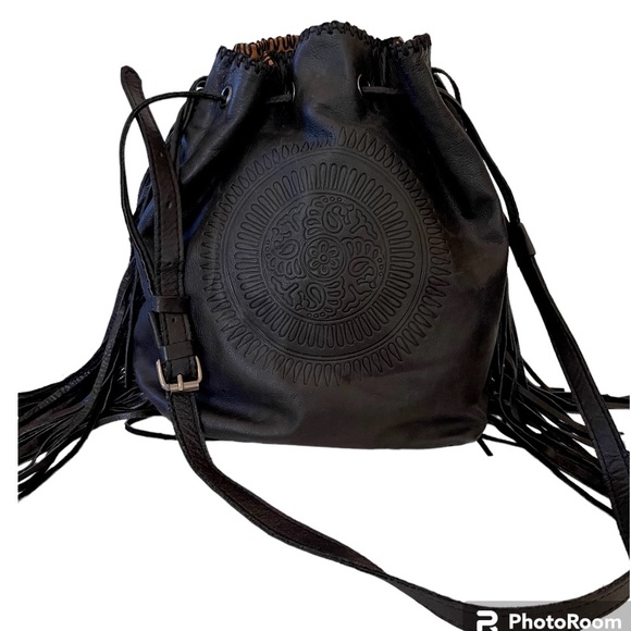 Patricia Nash Bags Patricia Nash Black Leather Drawstring Bucket Bag Fringe Handtooled